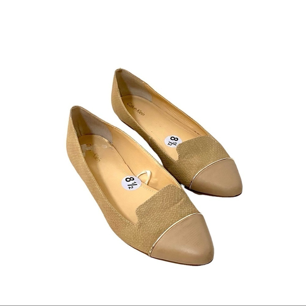 Calvin Klein Tan Pointed-toe Leather Flat Shoes 8.5 Slip-on Cap Toe Snake Print - Picture 2 of 12